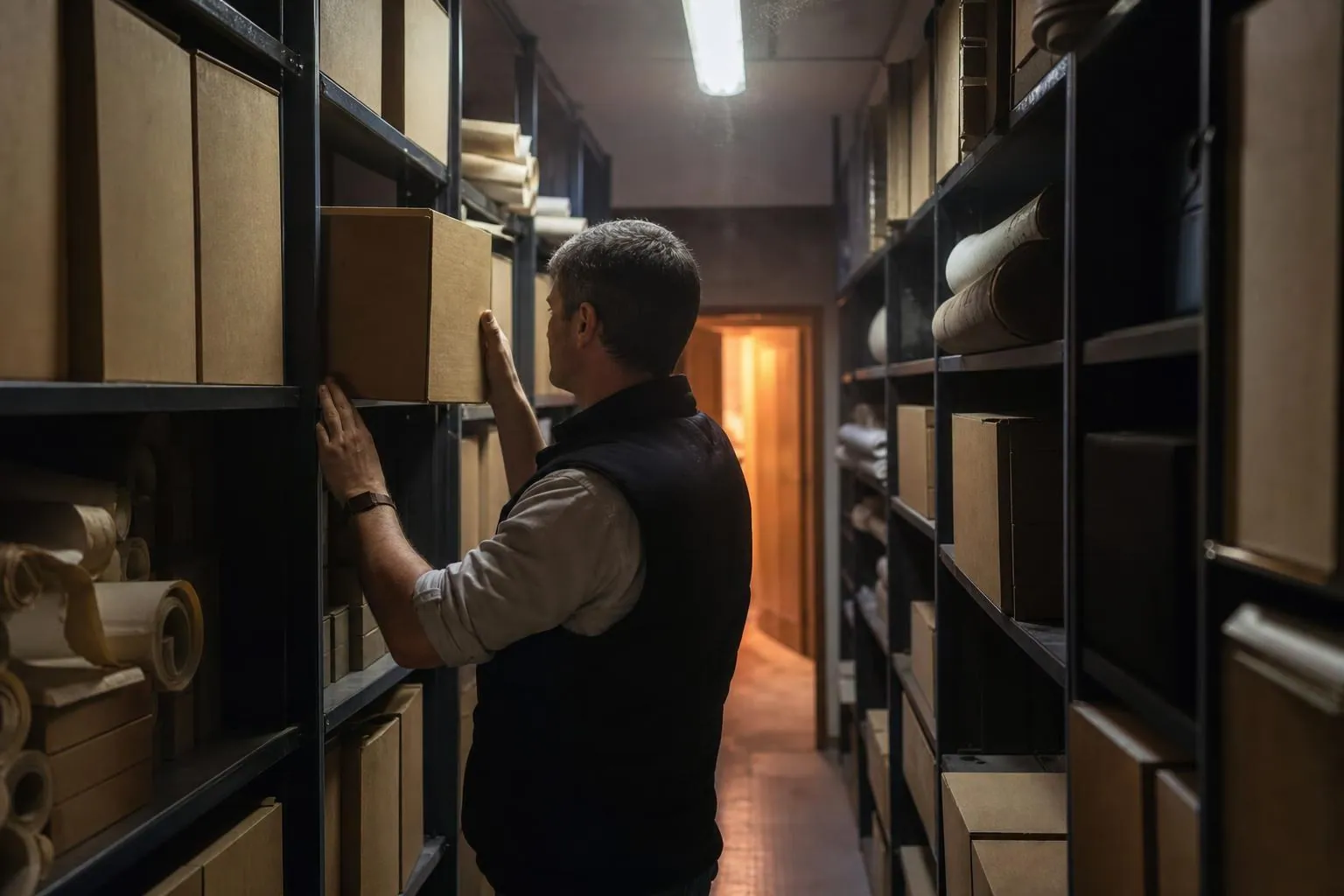 Un géomètre-expert sort une boîte d’archives d’une étagère dans le couloir de rangement d’un cabinet foncier