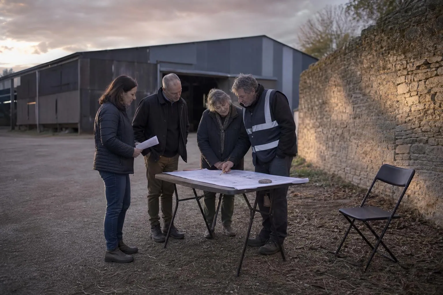 Réunion de bornage dans une cour de ferme, plan posé sur une table pliante entourée de quatre riverains, une chaise restée vide