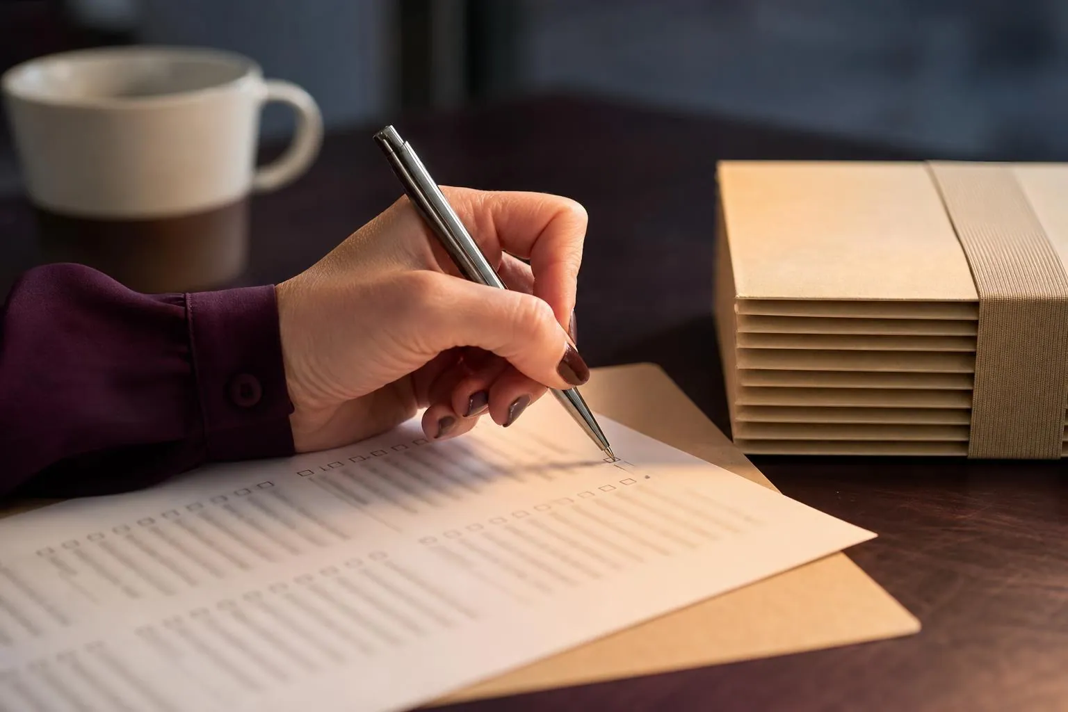 Main d’une assistante cochant au stylo une liste imprimée posée sur une chemise cartonnée, à côté de plis fermés prêts au départ