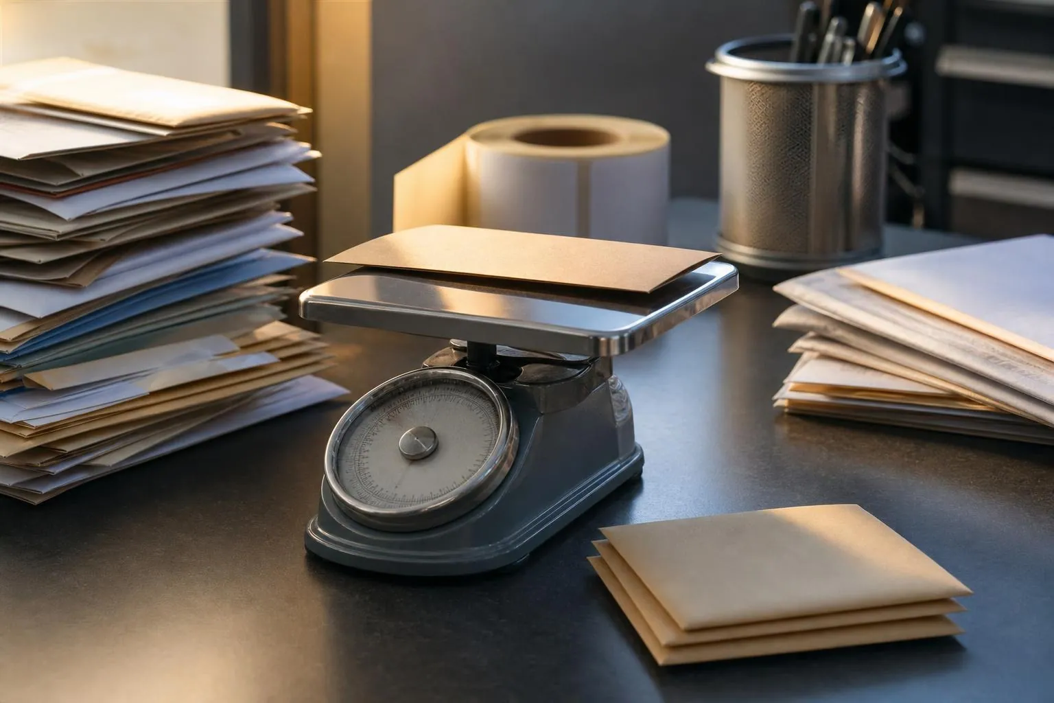 Balance postale mécanique portant une enveloppe de recommandé, entourée de trois piles de courrier de hauteurs inégales sur un bureau sombre