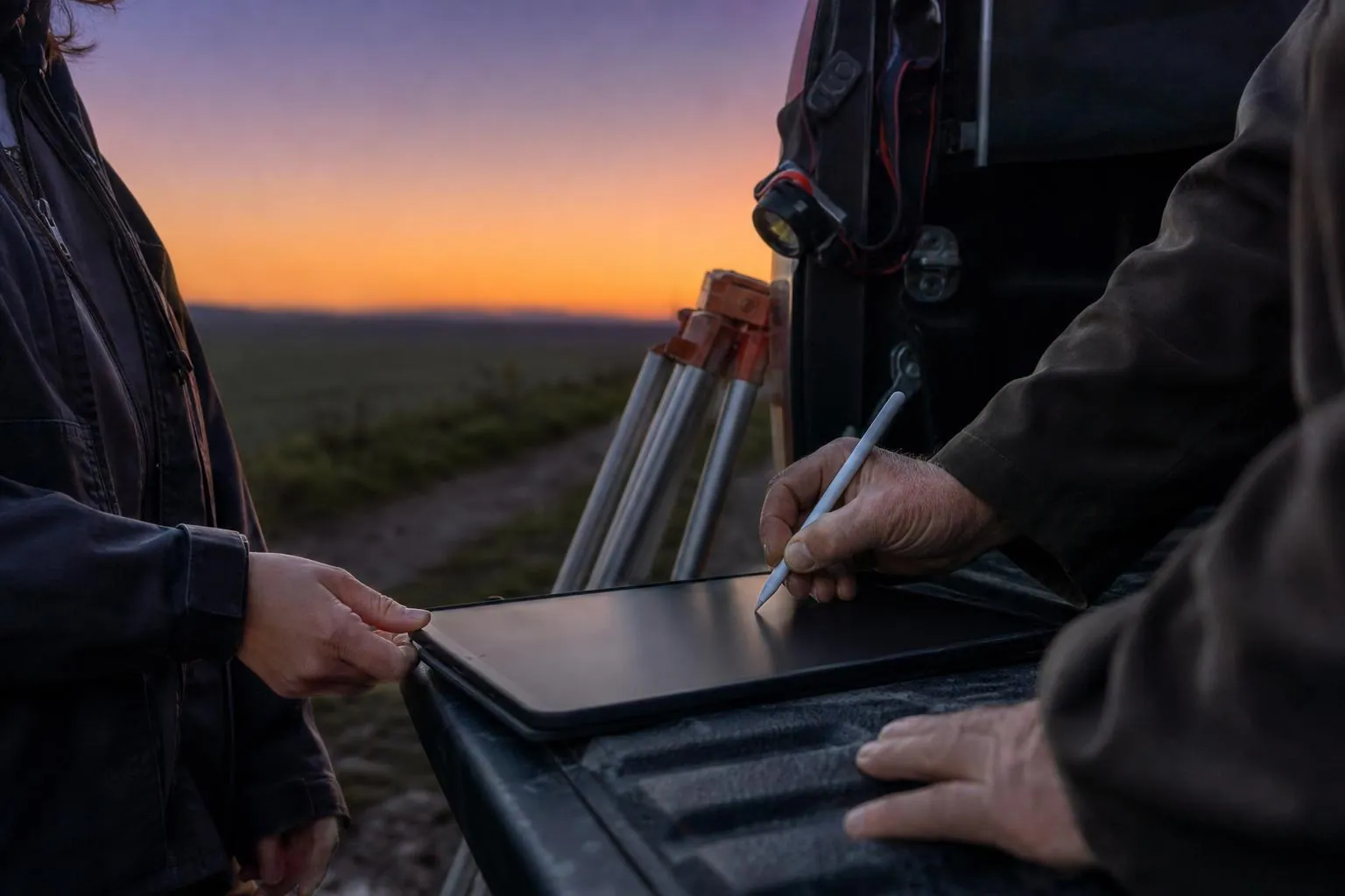 Deux mains signent sur une tablette posée sur le hayon d’un véhicule utilitaire, en bordure de parcelle au crépuscule