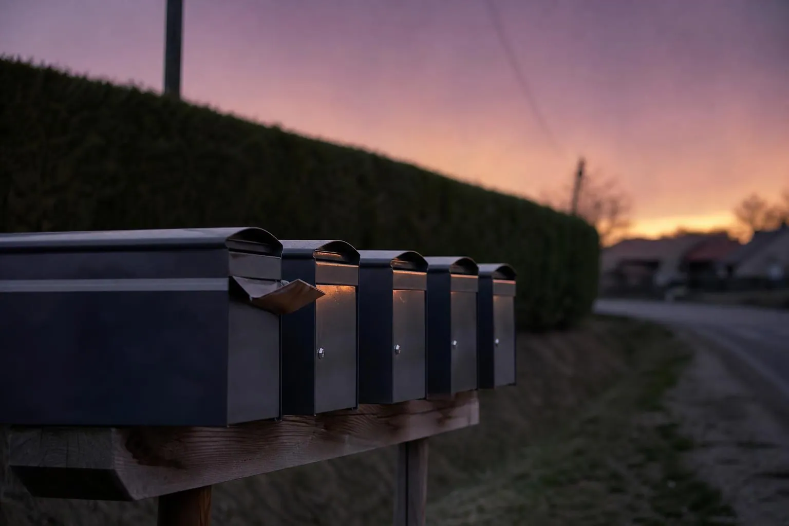 Rangée de boîtes aux lettres en bordure de route de campagne au crépuscule, quelques enveloppes dépassant d’un volet